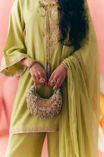Mirasa_Green Cotton, Chiffon, Rayon V-neck Gulbahar Kurta Set _Online_at_Aza_Fashions