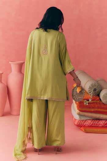Shop_Mirasa_Green Cotton, Chiffon, Rayon V-neck Gulbahar Kurta Set _at_Aza_Fashions