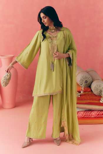 Buy_Mirasa_Green Cotton, Chiffon, Rayon V-neck Gulbahar Kurta Set _at_Aza_Fashions