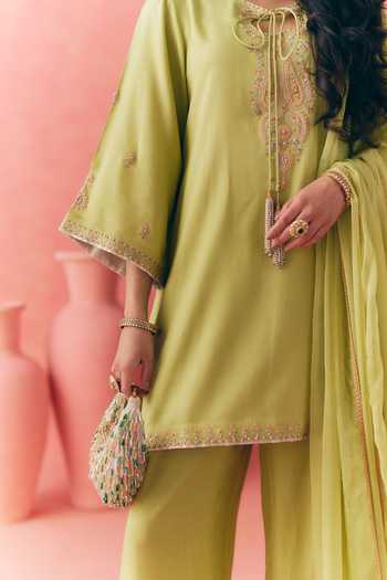 Buy_Mirasa_Green Cotton, Chiffon, Rayon V-neck Gulbahar Kurta Set _Online_at_Aza_Fashions