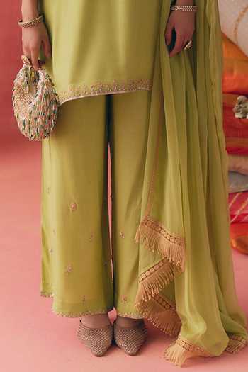 Shop_Mirasa_Green Cotton, Chiffon, Rayon V-neck Gulbahar Kurta Set _Online_at_Aza_Fashions