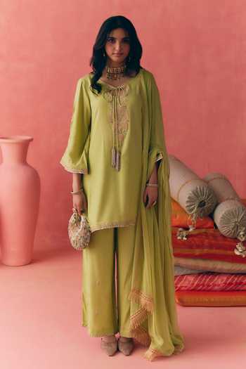 Mirasa_Green Cotton, Chiffon, Rayon V-neck Gulbahar Kurta Set _at_Aza_Fashions