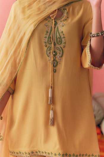 Mirasa_Yellow Cotton, Rayon, Chiffon Keyhole Neck Gulbahar Embroidered Kurta Set _Online_at_Aza_Fashions