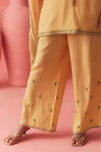 Buy_Mirasa_Yellow Cotton, Rayon, Chiffon Keyhole Neck Gulbahar Embroidered Kurta Set _Online_at_Aza_Fashions