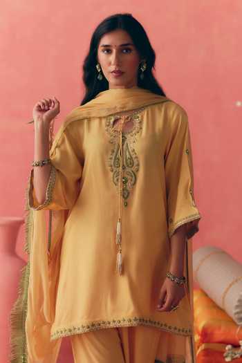 Shop_Mirasa_Yellow Cotton, Rayon, Chiffon Keyhole Neck Gulbahar Embroidered Kurta Set _Online_at_Aza_Fashions