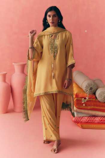 Mirasa_Yellow Cotton, Rayon, Chiffon Keyhole Neck Gulbahar Embroidered Kurta Set _at_Aza_Fashions