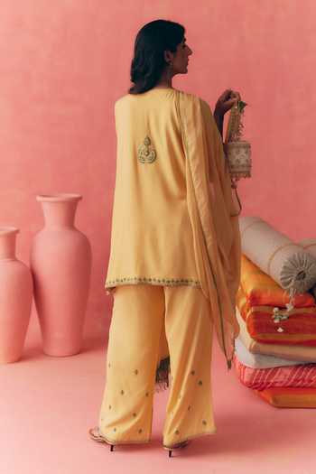 Shop_Mirasa_Yellow Cotton, Rayon, Chiffon Keyhole Neck Gulbahar Embroidered Kurta Set _at_Aza_Fashions