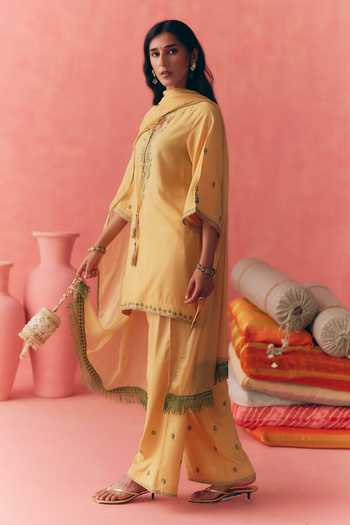 Buy_Mirasa_Yellow Cotton, Rayon, Chiffon Keyhole Neck Gulbahar Embroidered Kurta Set 