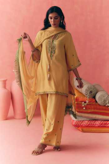 Shop_Mirasa_Yellow Cotton, Rayon, Chiffon Keyhole Neck Gulbahar Embroidered Kurta Set 