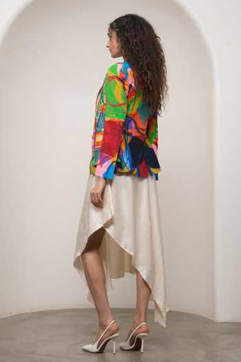 Shop_Advait_Multi Color Crepe, Satin Cowl Neck Sorel Printed Blazer With Dress _at_Aza_Fashions