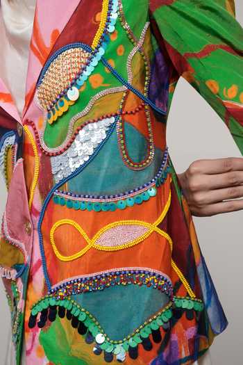 Advait_Multi Color Crepe, Satin Cowl Neck Sorel Printed Blazer With Dress _at_Aza_Fashions