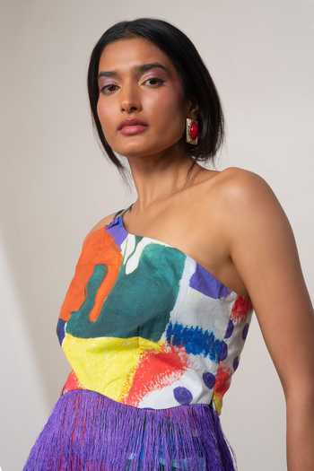 Advait_Multi Color Poplin One Shoulder Varen Printed Top And Skirt Set _Online_at_Aza_Fashions