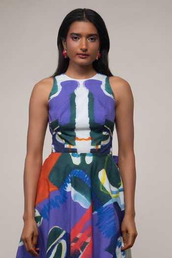 Advait_Multi Color Poplin High Neck Varen Tie-up Dress _Online_at_Aza_Fashions