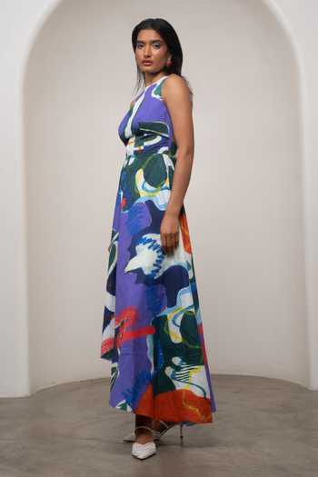 Buy_Advait_Multi Color Poplin High Neck Varen Tie-up Dress _Online_at_Aza_Fashions