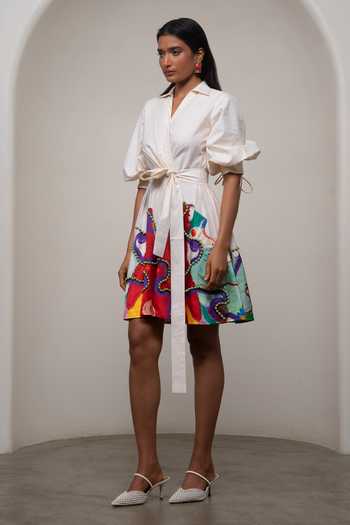 Buy_Advait_Ivory Poplin V-, Collared Alya Tie-up Dress _Online_at_Aza_Fashions