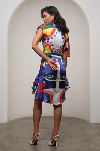 Shop_Advait_Multi Color Satin, Bemberg Round Neck Varen Draped Short Dress _at_Aza_Fashions