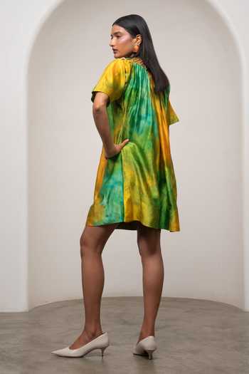Shop_Advait_Green Satin, Bemberg Round Neck Lira Short Colorblock Dress _at_Aza_Fashions