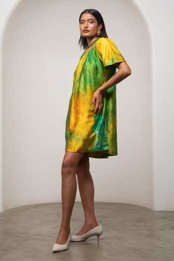 Advait_Green Satin, Bemberg Round Neck Lira Short Colorblock Dress _Online_at_Aza_Fashions