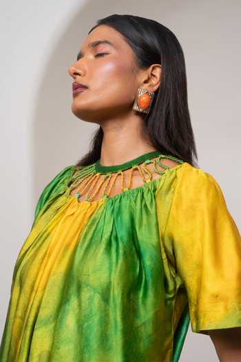 Buy_Advait_Green Satin, Bemberg Round Neck Lira Short Colorblock Dress _Online_at_Aza_Fashions