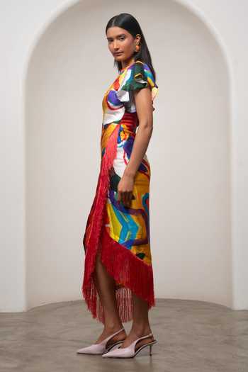 Advait_Multi Color Bemberg Round Neck Ruel Crossover Dress _Online_at_Aza_Fashions