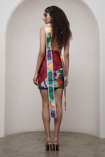 Shop_Advait_Multi Color Satin, Bemberg Asymmetric Neck Alya Printed Short Dress _at_Aza_Fashions