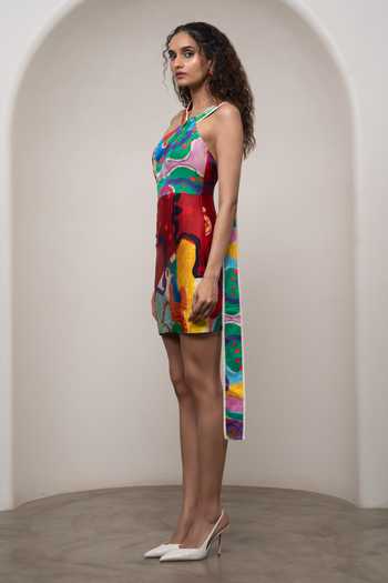 Advait_Multi Color Satin, Bemberg Asymmetric Neck Alya Printed Short Dress _Online_at_Aza_Fashions