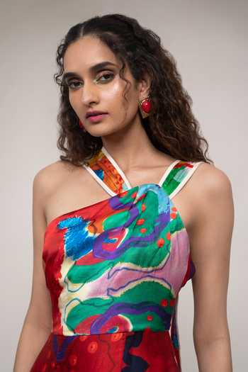 Buy_Advait_Multi Color Satin, Bemberg Asymmetric Neck Alya Printed Short Dress _Online_at_Aza_Fashions