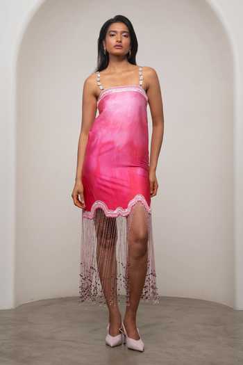 Buy_Advait_Pink Satin, Bemberg Bandeau Neck Lila Tassel Dress _Online_at_Aza_Fashions
