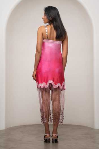 Shop_Advait_Pink Satin, Bemberg Bandeau Neck Lila Tassel Dress _at_Aza_Fashions