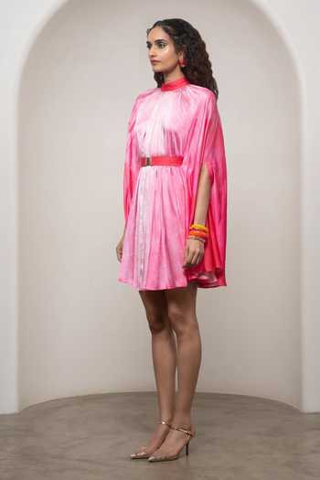 Advait_Pink Bemberg High Neck Lila Cape Dress With Belt _Online_at_Aza_Fashions