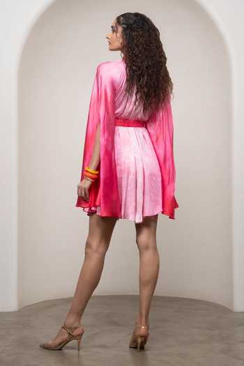 Shop_Advait_Pink Bemberg High Neck Lila Cape Dress With Belt _at_Aza_Fashions