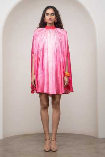 Buy_Advait_Pink Bemberg High Neck Lila Cape Dress With Belt _Online_at_Aza_Fashions
