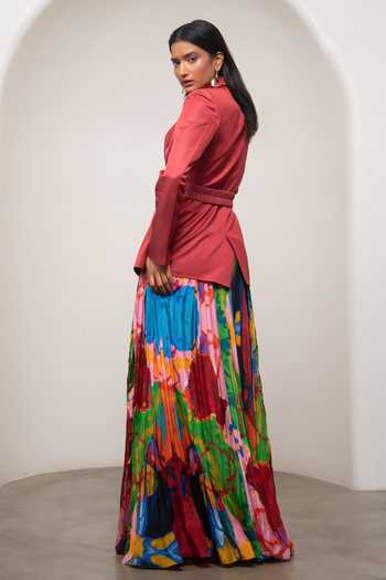 Shop_Advait_Pink Crepe, Satin, Bemberg Sena Printed Skirt Set _at_Aza_Fashions