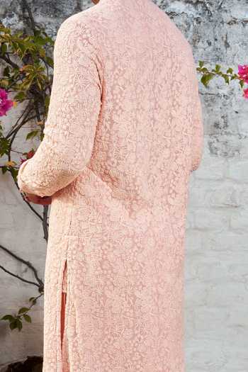 Shop_Philocaly_Peach Georgette Embroidery Gardenia Kurta _at_Aza_Fashions