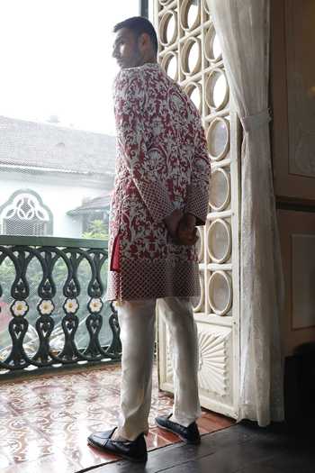 Shop_Vikram Phadnis_Peach Silk, Cotton Cut Work, Sequins, Stones Floral Embroidered Sherwani Set _at_Aza_Fashions