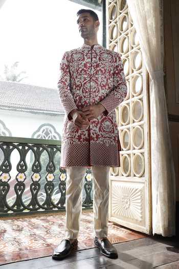 Buy_Vikram Phadnis_Peach Silk, Cotton Cut Work, Sequins, Stones Floral Embroidered Sherwani Set _Online_at_Aza_Fashions