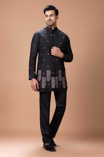 Buy_Priyanka Haralalka_Black Silk, Cotton Bundi And Kurta Set _at_Aza_Fashions