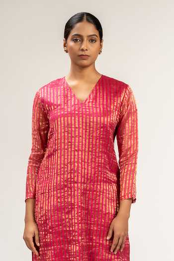 Shop_KAJAL AGRAWAL_Pink Silk, Chanderi Silk, Organza V-neck, Yes Handwoven Striped Kurta Set _Online_at_Aza_Fashions