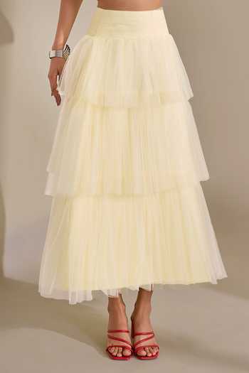 Shop_Naintara Bajaj_Ivory Lycra, Net V-neck Soft Contrast Waistcoat And Layered Skirt Set _at_Aza_Fashions