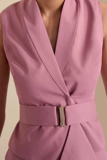 Shop_Naintara Bajaj_Pink Lycra V-neck Asymmetric Structured Crisp Waistcoat _at_Aza_Fashions