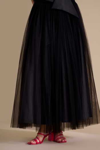 Shop_Naintara Bajaj_Black Net Draped Waistband Flared Skirt _at_Aza_Fashions