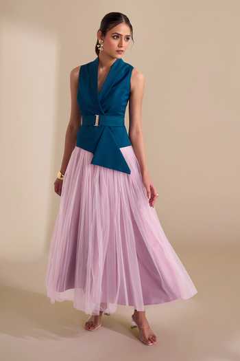Shop_Naintara Bajaj_Pink Net Draped Structured Waistband Skirt _at_Aza_Fashions