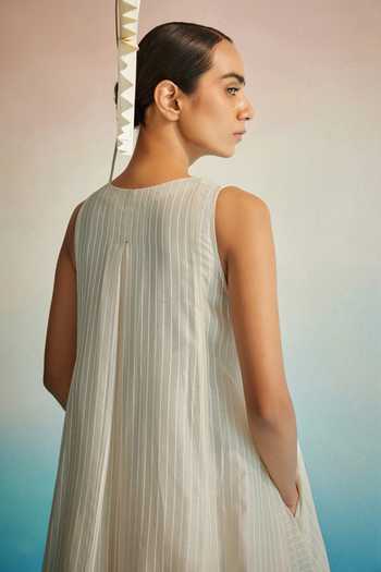 Shop_Ahmev_Ivory Chanderi, Cotton Embroidery Halter Neck Utsuroi Dress _at_Aza_Fashions