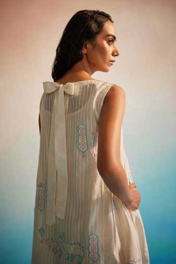 Shop_Ahmev_Ivory Chanderi Cotton Embroidery Round Neck Hiroko Pleated Dress _at_Aza_Fashions