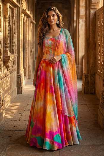 Buy_Basanti Kapde aur Koffee_Multi Color Crepe Sequins, Stones, Mirrors Sweetheart Work Blouse Lehenga Set _at_Aza_Fashions