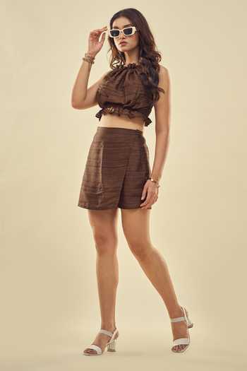Shop_Affroz_Brown Silk Embroidery Halter Neck Crop Top And Skort Set _at_Aza_Fashions