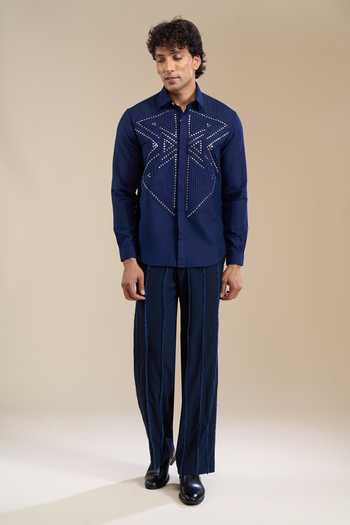 Shop_Line Out Line_Blue Geometric Contour Pattern Shirt _Online_at_Aza_Fashions