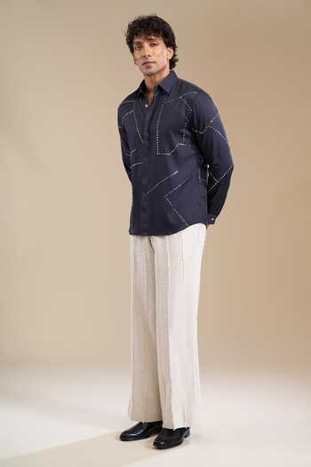 Buy_Line Out Line_Blue Metallic Stud Placement Embellished Shirt _Online_at_Aza_Fashions