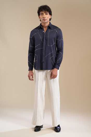 Shop_Line Out Line_Blue Metallic Stud Placement Embellished Shirt _Online_at_Aza_Fashions