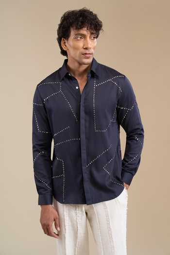 Buy_Line Out Line_Blue Metallic Stud Placement Embellished Shirt _at_Aza_Fashions